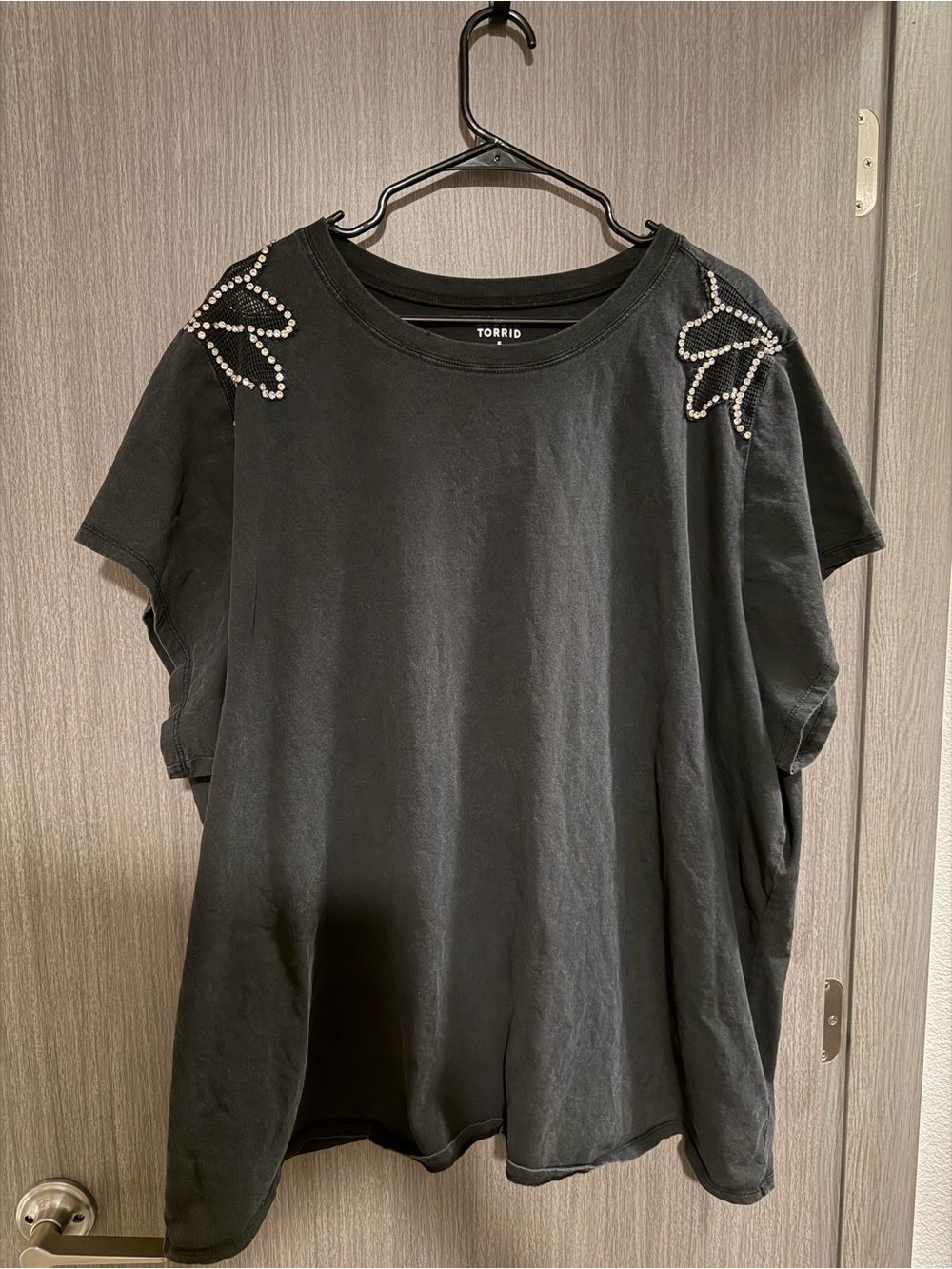 torrid Dary Grey Short Sleeve Tee with Rhinestones Shoulder Accents